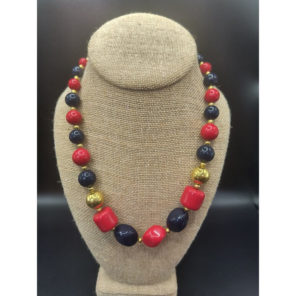 Vintage Estate 80's Liz Claiborne Beaded Necklace - Red, Navy & Gold Accents
